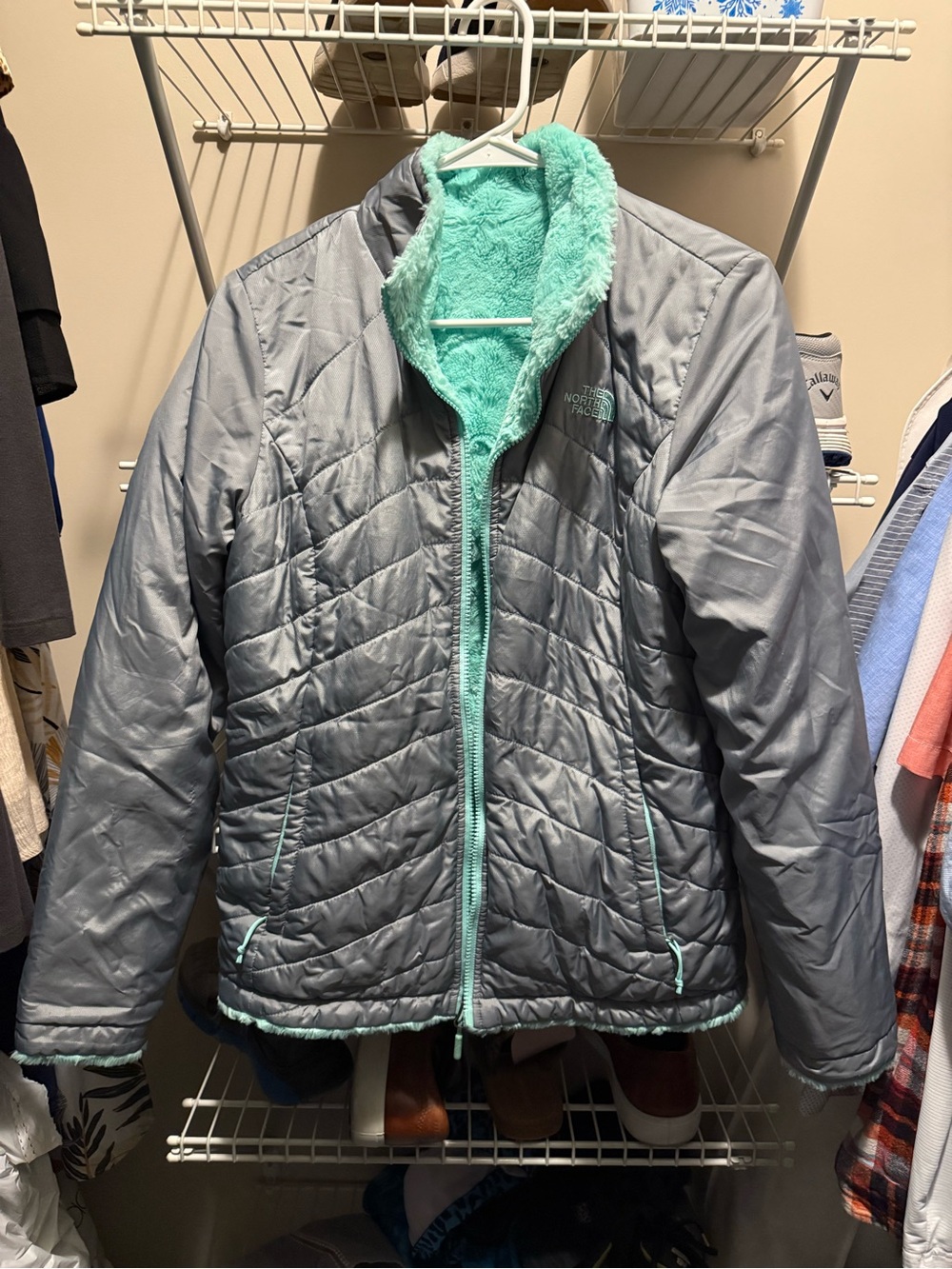 The North Face Women’s Gray and Mint reversible Puffer Jacket